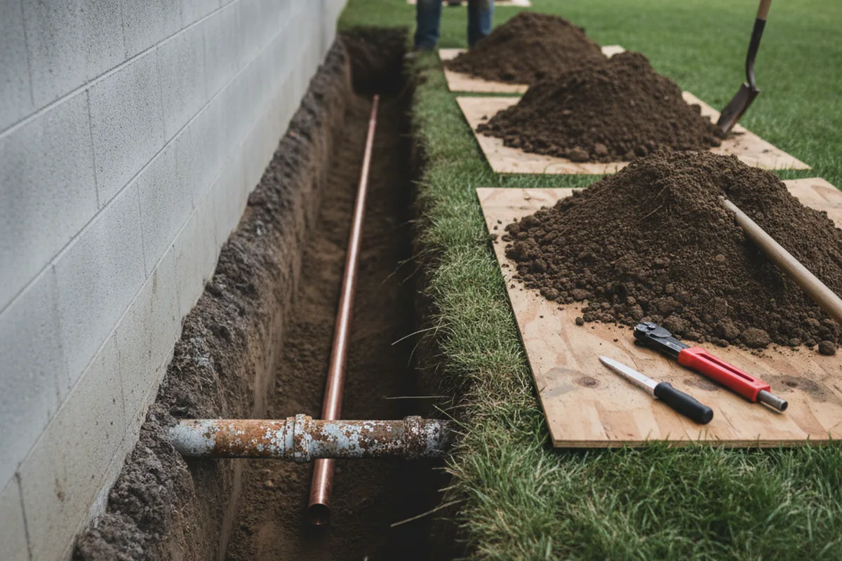 Excavated water line trench during Sewer Line Repair in Milner